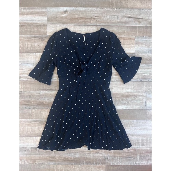 Free People All Yours Black Polka Dot Tie Front Dress Size 2 - Picture 1 of 6